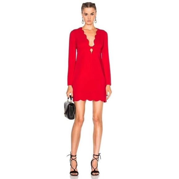 A.L.C. Eve Scalloped Edge Valentine’s Day Romantic Red Bell Sleeve Mini Dress - Picture 2 of 12